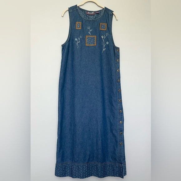 Premier International 90s Vintage Embroidered Denim Jumper Dress - Size M - Picture 1 of 8
